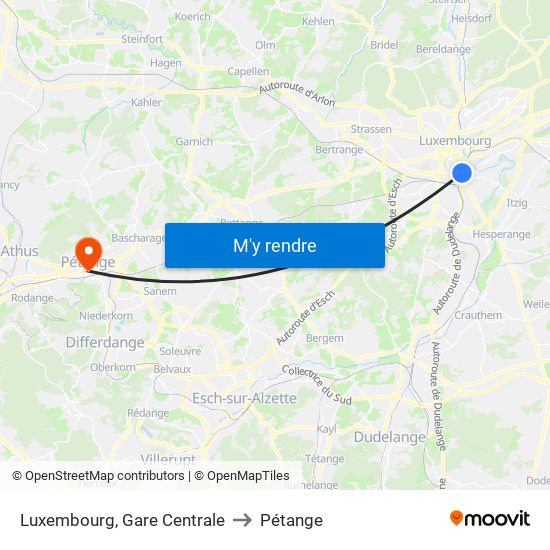 Luxembourg, Gare Centrale to Pétange map