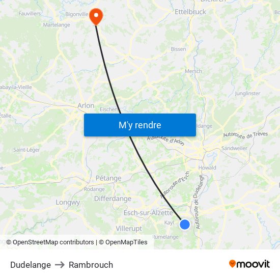 Dudelange to Rambrouch map