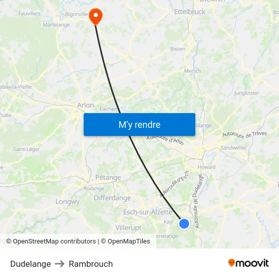 Dudelange to Rambrouch map