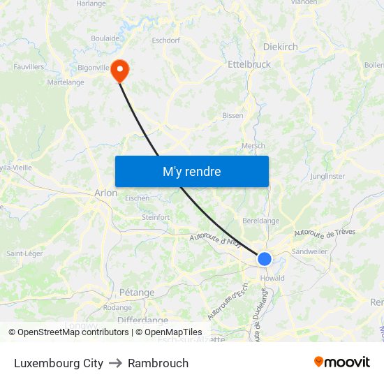 Luxembourg City to Rambrouch map