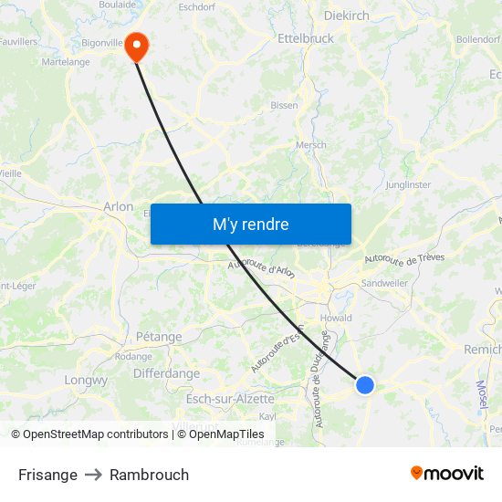 Frisange to Rambrouch map