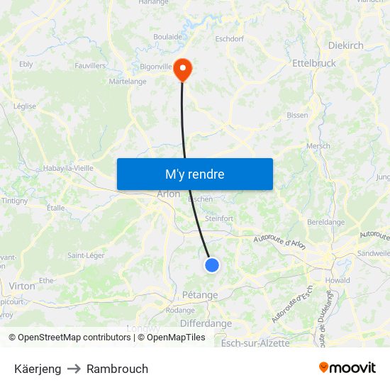 Käerjeng to Rambrouch map