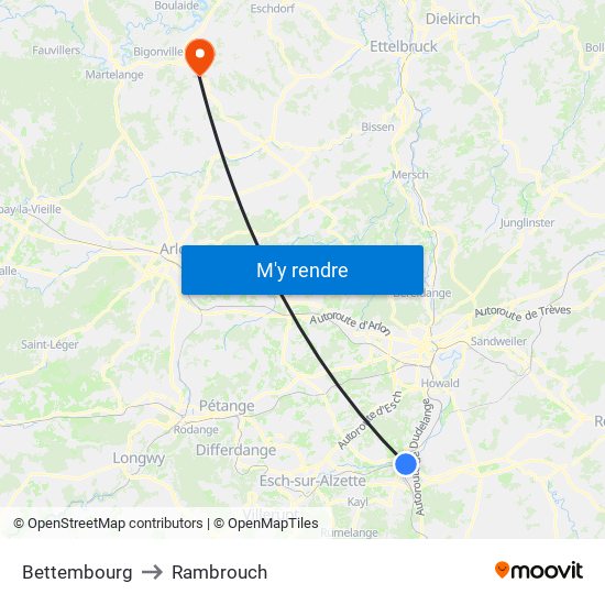 Bettembourg to Rambrouch map