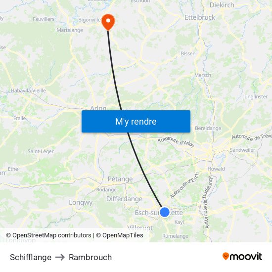 Schifflange to Rambrouch map