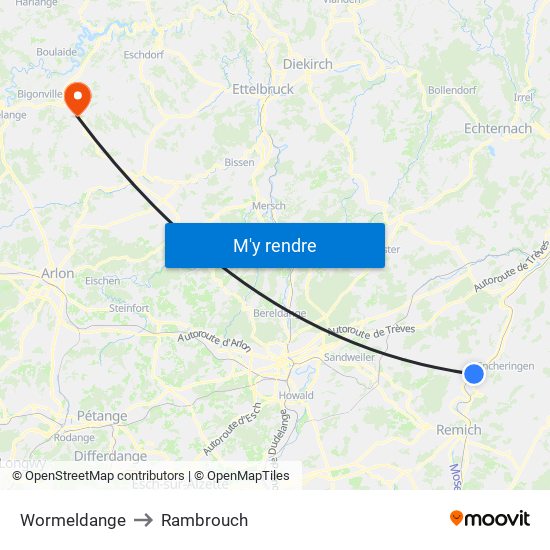 Wormeldange to Rambrouch map