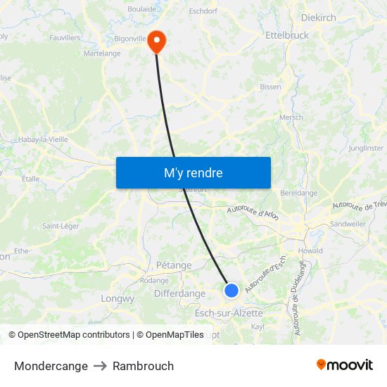 Mondercange to Rambrouch map