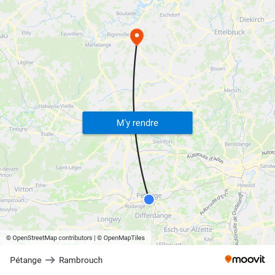 Pétange to Rambrouch map