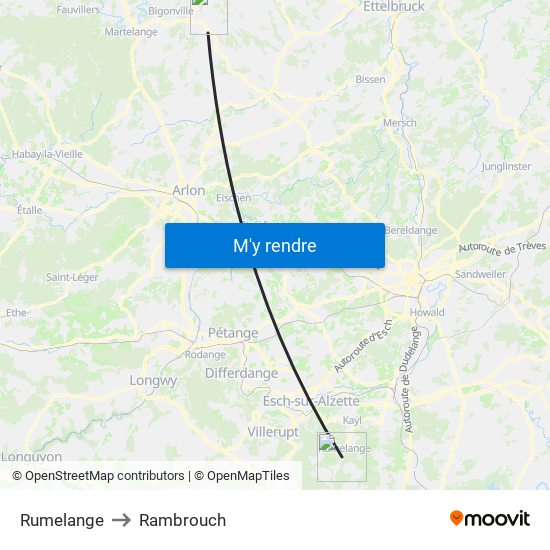 Rumelange to Rambrouch map
