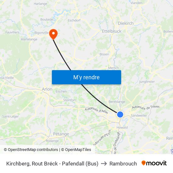 Kirchberg, Rout Bréck - Pafendall (Bus) to Rambrouch map