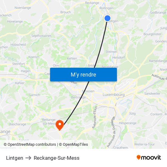 Lintgen to Reckange-Sur-Mess map