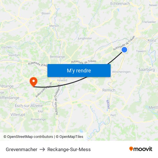 Grevenmacher to Reckange-Sur-Mess map