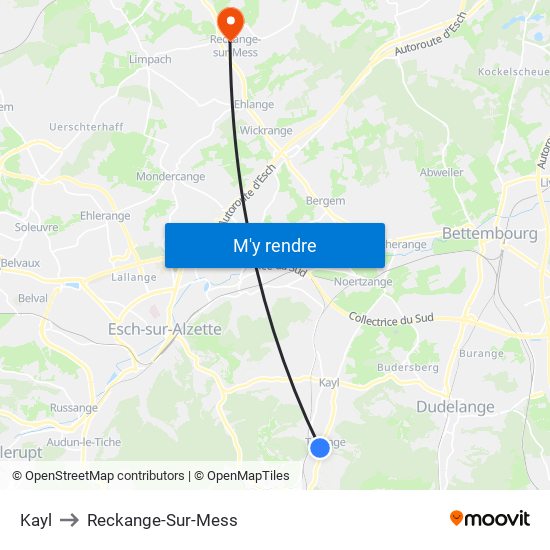 Kayl to Reckange-Sur-Mess map