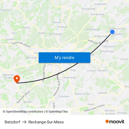 Betzdorf to Reckange-Sur-Mess map