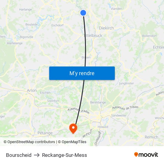 Bourscheid to Reckange-Sur-Mess map