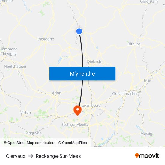 Clervaux to Reckange-Sur-Mess map