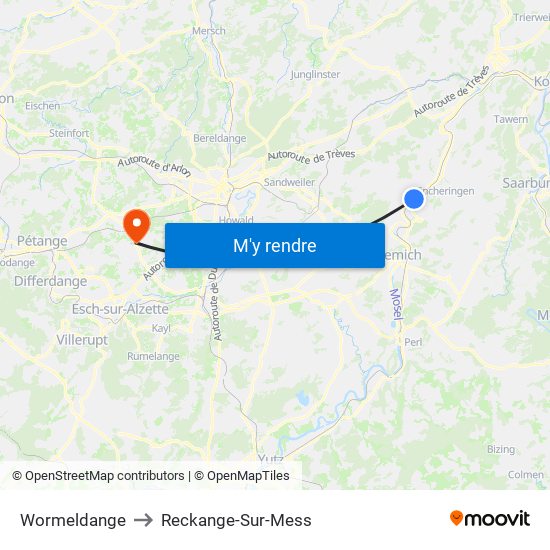 Wormeldange to Reckange-Sur-Mess map