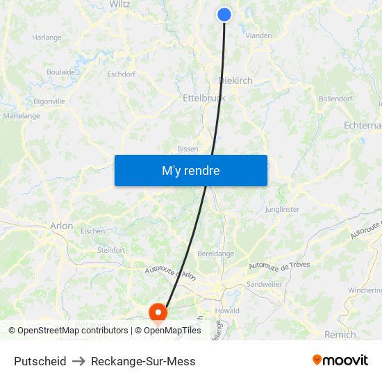 Putscheid to Reckange-Sur-Mess map