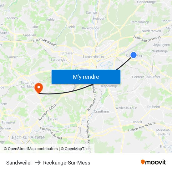 Sandweiler to Reckange-Sur-Mess map