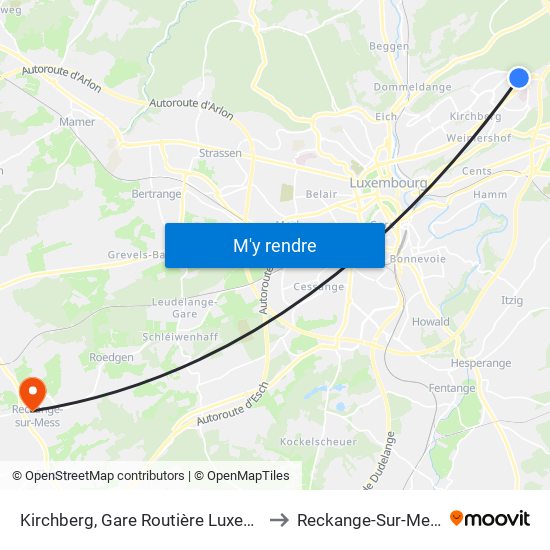 Kirchberg, Gare Routière Luxexpo to Reckange-Sur-Mess map