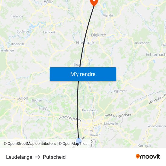 Leudelange to Putscheid map