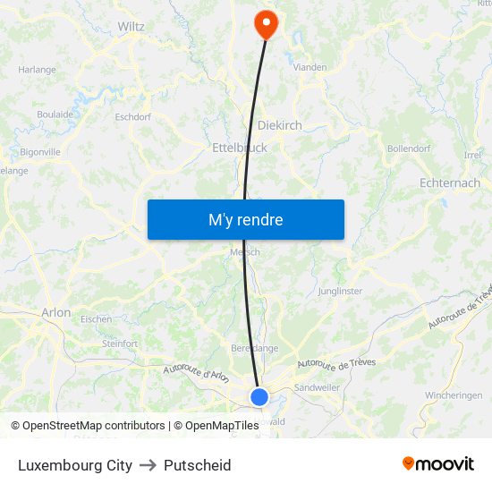 Luxembourg City to Putscheid map