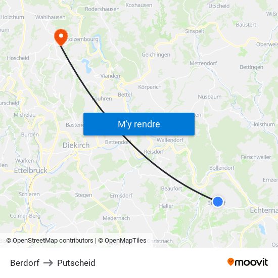 Berdorf to Putscheid map