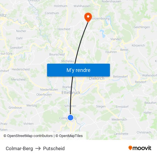 Colmar-Berg to Putscheid map