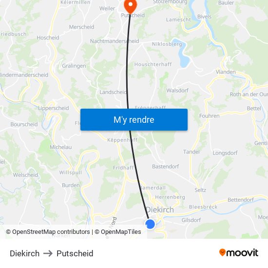 Diekirch to Putscheid map