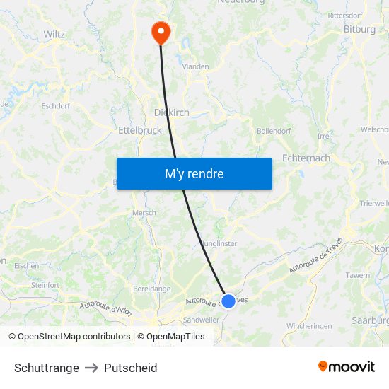 Schuttrange to Putscheid map