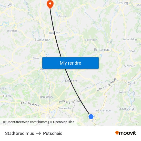 Stadtbredimus to Putscheid map