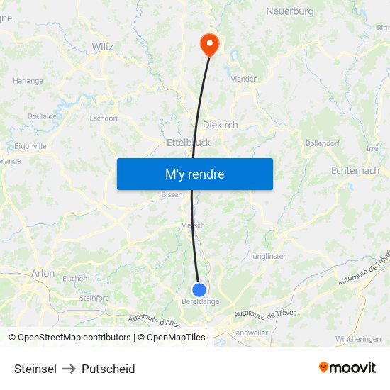 Steinsel to Putscheid map