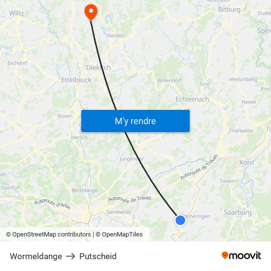 Wormeldange to Putscheid map