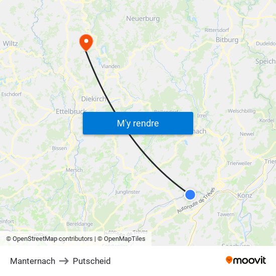 Manternach to Putscheid map