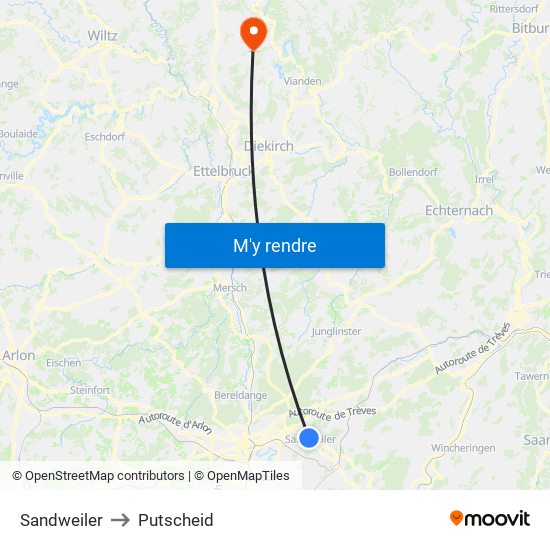 Sandweiler to Putscheid map