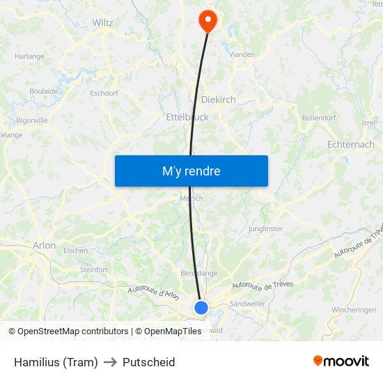 Hamilius (Tram) to Putscheid map