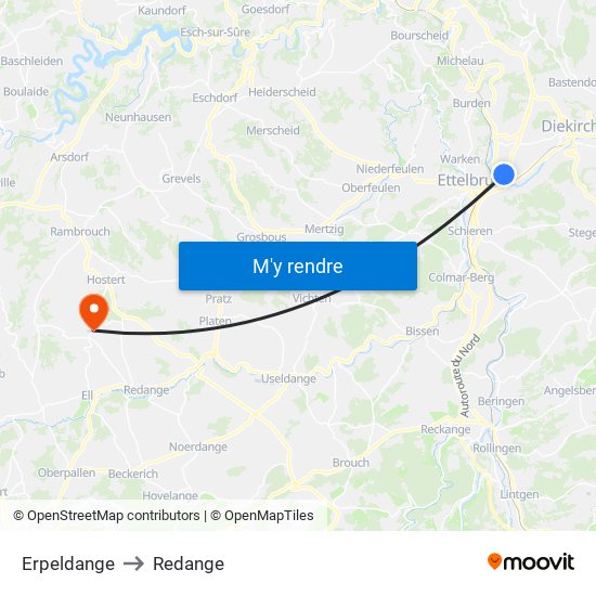 Erpeldange to Redange map