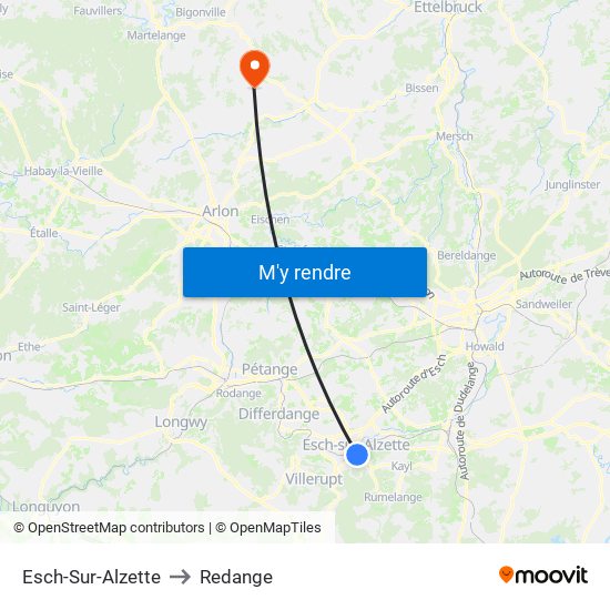 Esch-Sur-Alzette to Redange map