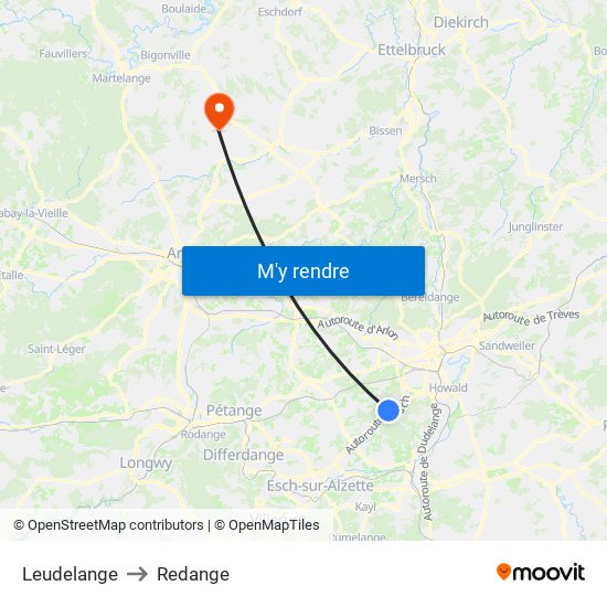 Leudelange to Redange map