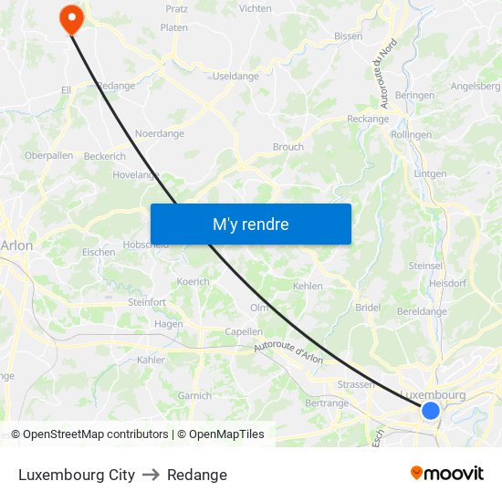 Luxembourg City to Redange map