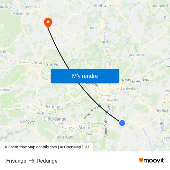 Frisange to Redange map