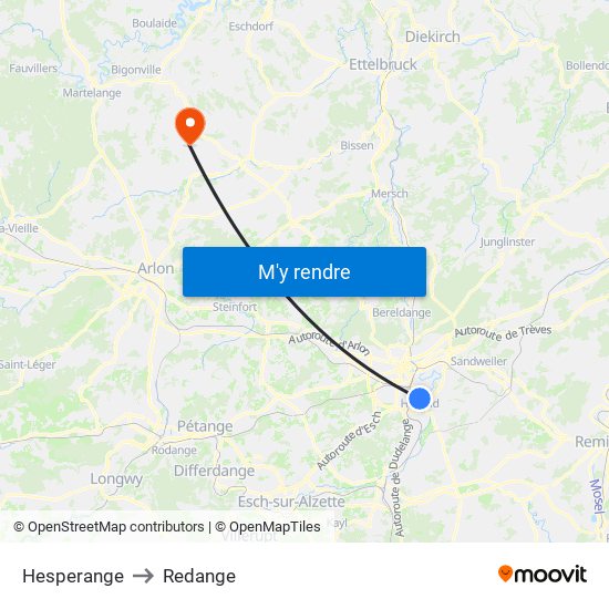 Hesperange to Redange map