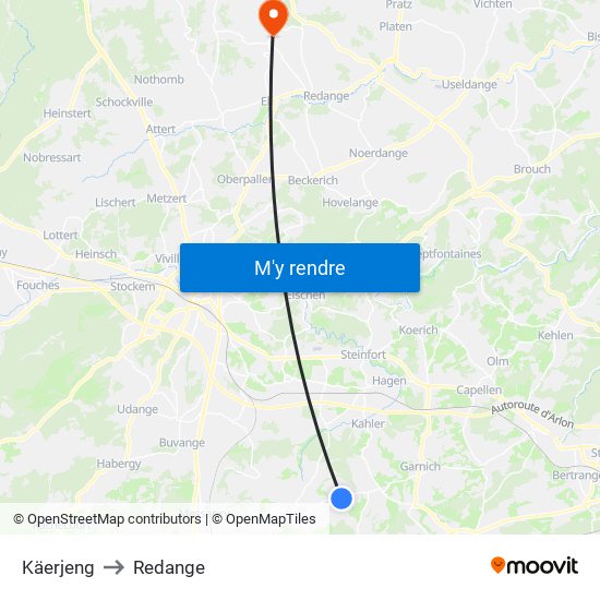 Käerjeng to Redange map
