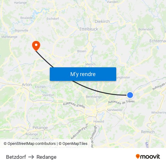 Betzdorf to Redange map