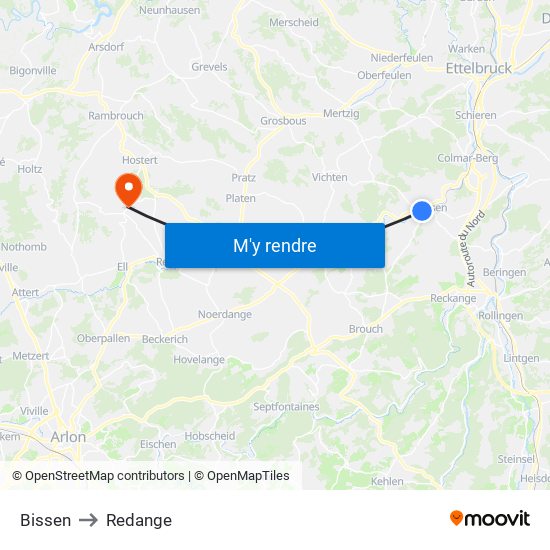 Bissen to Redange map