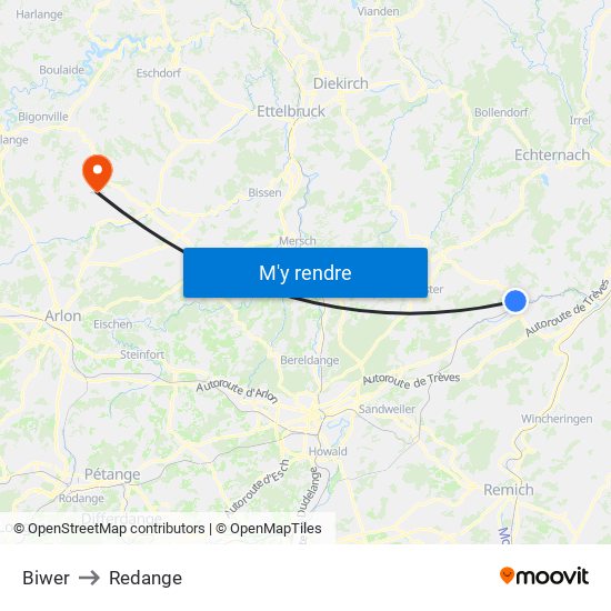 Biwer to Redange map