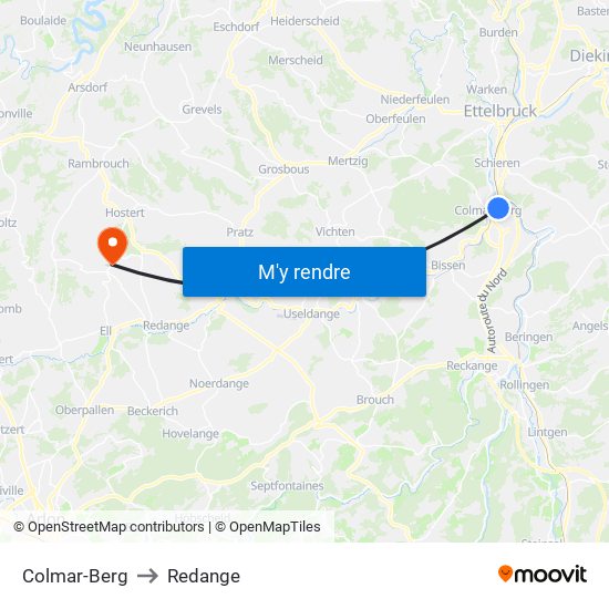 Colmar-Berg to Redange map