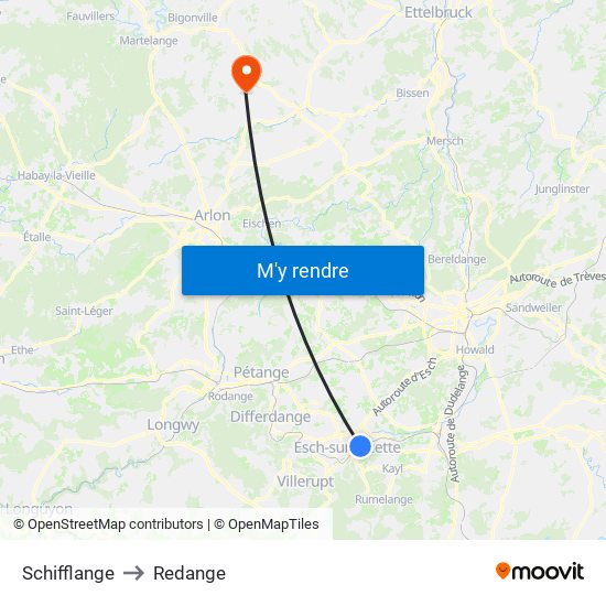 Schifflange to Redange map