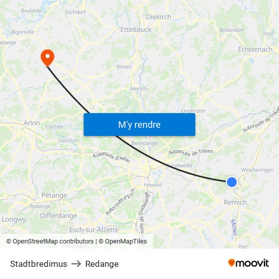 Stadtbredimus to Redange map