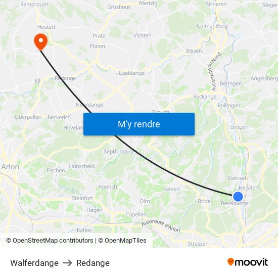 Walferdange to Redange map