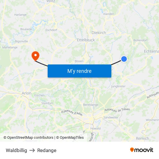 Waldbillig to Redange map